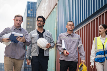 Walking engineer and worker team working in logistic terminal of container cargo, Diverse construction team in safety gear outdoors	