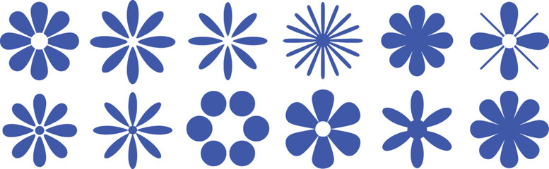 Collection of Blue Floral and Starburst Graphic Elements on White Background © Pretty-Stock