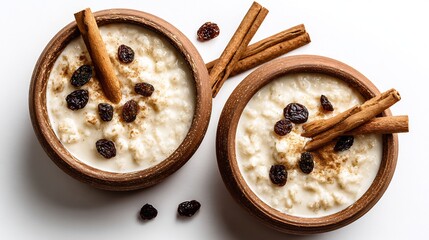 Delicious arroz con leche with plump raisins and aromatic cinnamon sticks, presented in rustic ceramic bowls on a clean white background, captured with bright, professional studio lighting.