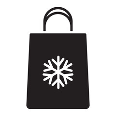 Black solid Christmas gift bag icon with handle and snowflake symbol. Minimal glyph holiday packaging sign for Xmas presents, web, apps, stickers and sale designs
