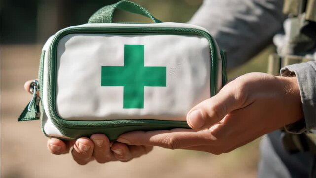 Person holding white first aid kit with green cross 
