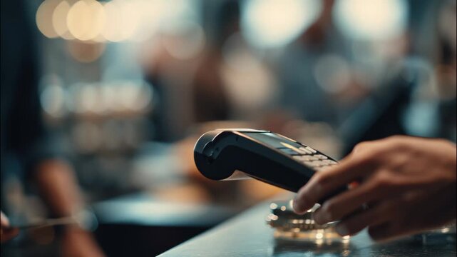 Person making payment with credit card at counter using device  