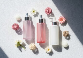 Three cosmetic spray bottles in pastel pink and white on textured light background with floral decorations and soft shadows
