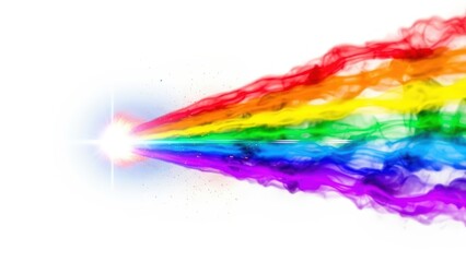 Bright light source emitting a vibrant, smoky rainbow spectrum beam across a white background.