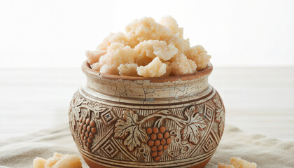 Ornate Earthenware Jar Overflowing with Manna: A Sweet Confection Still Life