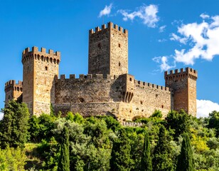 A majestic medieval fortress, constructed of stone, sits atop a verdant hill beneath a bright blue sky dotted with white clouds