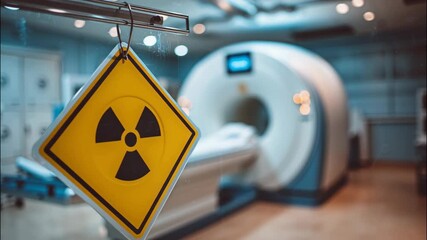 Warning sign with nuclear symbol in medical radiology room  