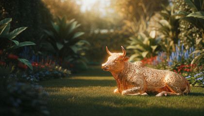 Luxurious Golden Calf in Lush Garden Reflecting Opulent Wealth and Worship