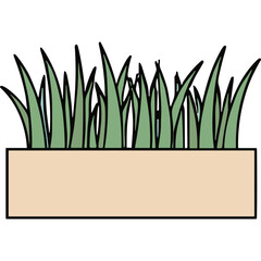 Illustration of green grass growing in a beige planter box with a black outline on a transparent background simple and clean graphic design element for nature and gardening themes