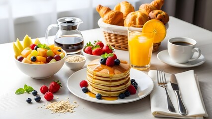 Breakfast table spread with pancakes and fruit