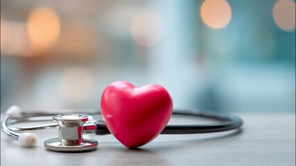 Concept of healthcare with stethoscope and red heart on table  
