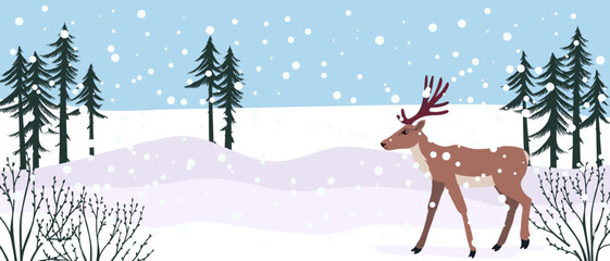 vector drawing winter landscape with deer, snow and fir trees, hand drawn illustration,cover background