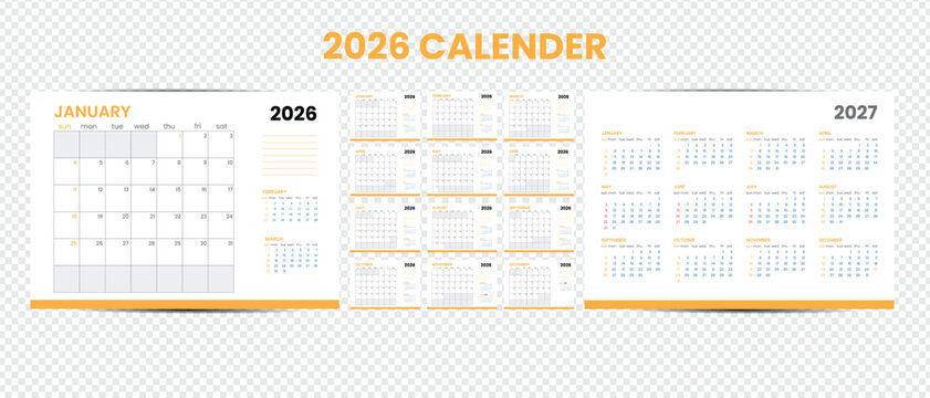 Yellow 2026 calendar design created with adobe illustrator software