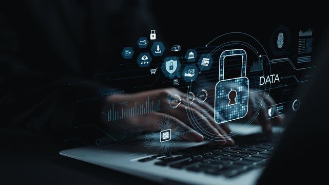 This image portrays a hands-on laptop experience with a visual representation of data security, including a digital lock and interactive network elements, highlighting privacy. Qubit