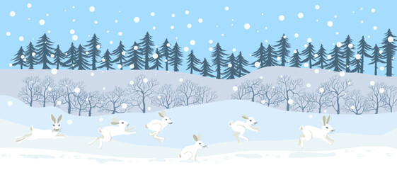 vector drawing winter landscape with hares, snow and trees, hand drawn illustration,cover background