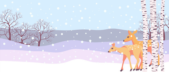 vector drawing winter landscape with deers, snow and trees, hand drawn illustration,cover background