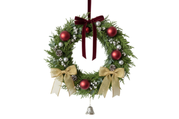 Festive christmas wreath with red ornaments, gold bows, and bell.