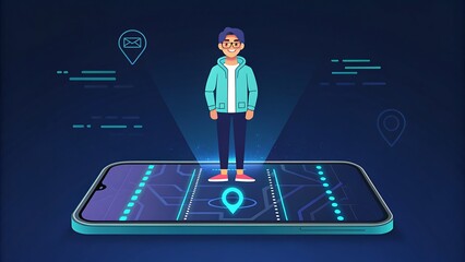 Young man uses phone app for navigation, communication & location sharing services