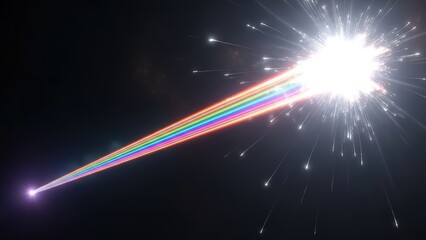 A vibrant rainbow light beam emanating from a bright star-like explosion in a dark cosmic space.