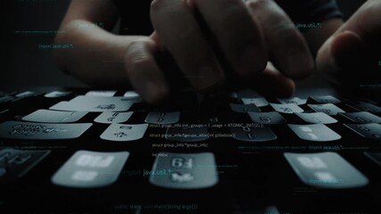 A close-up view of a hand typing on a keyboard with streams of code floating around, representing the essence of programming and technology in a modern workspace. Xenic - Powered by Adobe