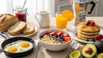 Breakfast table spread with pancakes eggs and fruit