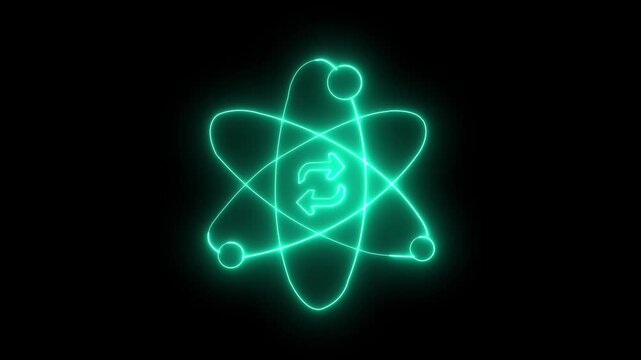glowing Neon Arrow atom symbol icon animation on black background. Dynamic neon Arrow atom model icon.