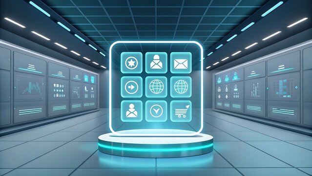 Modern digital interface showing global connections and communication in vibrant blue light - Powered by Adobe