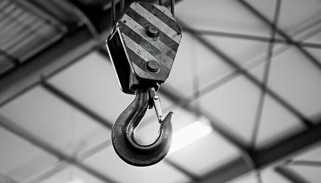 Heavy industrial crane hook detail, factory machinery, manufacturing equipment, overhead hoist., lifting.