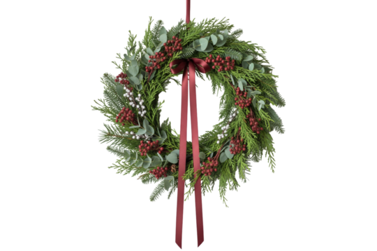 Festive holiday wreath with red berries, green foliage, and ribbon
