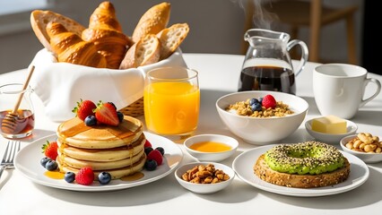 Breakfast spread with assorted food items