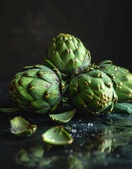 Obraz premium Close-up of artichokes with water droplets on a dark surface