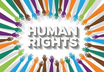Human Rights Day, International Human Rights Day, Human rights awareness, Human rights background, A group of diverse hands reaching up to human rights word. Representing awareness, rights, equality.