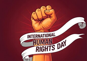 Human Rights Day, International Human Rights Day, Human rights awareness, Human rights background, Human Rights Day Symbol: A hand fist raised up with banner text in an artistic illustration. 