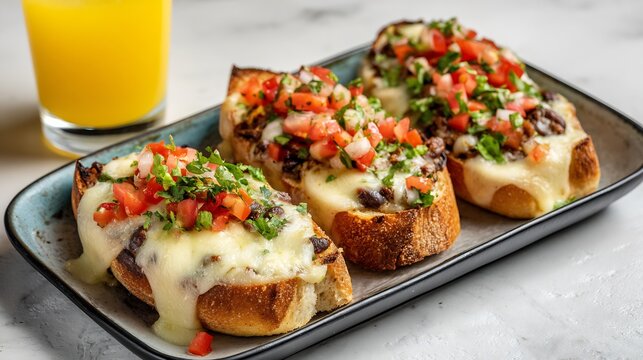 Mexican molletes with black beans, melted white cheese, and pico de gallo, served with orange juice, presented on a dark platter with bright, appetizing culinary lighting.
