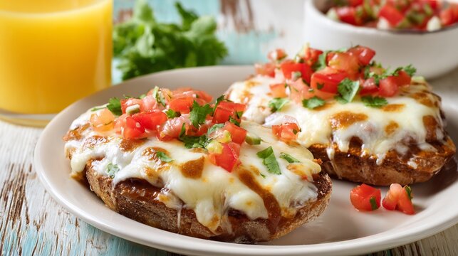 Mexican molletes with melted white cheese and pico de gallo, served with orange juice, presented on a rustic wooden background with bright, appetizing culinary lighting.