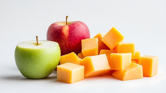 Whole red and green apples alongside an inviting pile of sharp cheddar cheese cubes