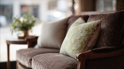 Close-up of a brown leather sofa with two throw pillows on it. the sofa has a tufted backrest and armrests, and there is a small wooden coffee table next to it with a vase of green plants on top.
