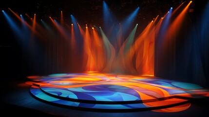 Dramatic stage lighting illuminates a vibrant performance space.