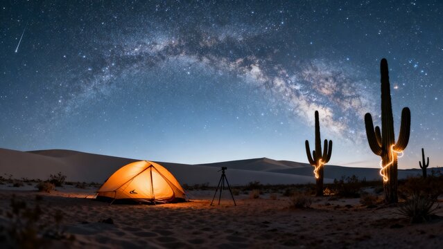 Desert campsite under milky way with cacti - Powered by Adobe