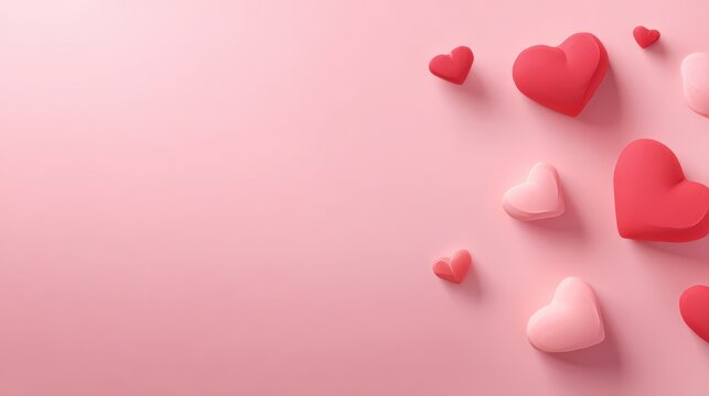 3D rendered pink and red hearts scattered on pastel background for Valentine’s Day or romantic design