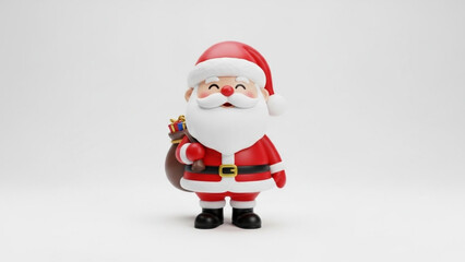 Obraz premium Adorable 3d cartoon santa claus character with a sack full of gifts stands cheerfully against a clean white background ready for christmas celebrations and holiday cheer