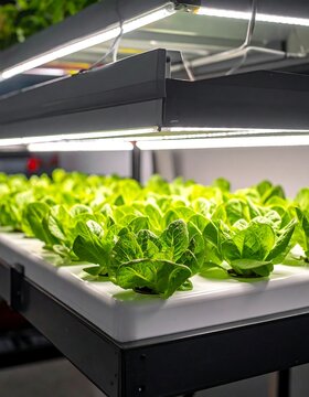 Close-up of hydroponically grown lettuce under bright fluorescent lights