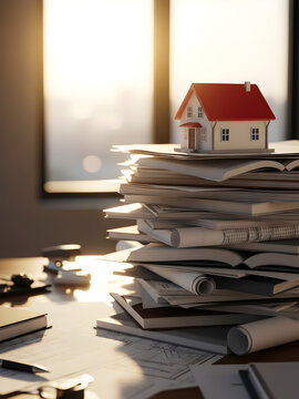 house on a pile of books, Tiny house model stands on papers stack. It represents real estate, property document significance. Paperwork is essential for mortgage contract, transactions. Business conce