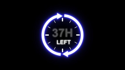 24 hours clock with circle arrow and the numbers 37 Hour left. video animation on alpha channel background, Clock timer, time passage waiting time animation (4K). 37 Hour Countdown timer. Clock icon.