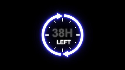 24 hours clock with circle arrow and the numbers 38 Hour left. video animation on alpha channel background, Clock timer, time passage waiting time animation (4K). 38 Hour Countdown timer. Clock icon.