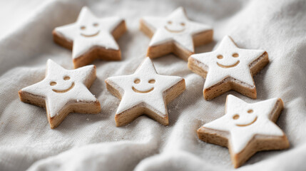 Star Shaped Cookies with Carved Smiles on Frosty Background