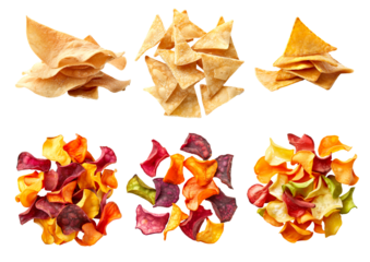 Mixed triangle tortilla chips and vibrant vegetable chips in groups, isolated on white background, concept of snack variety