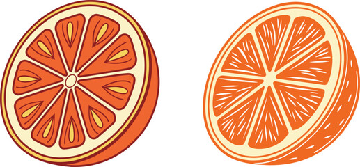Two sliced citrus fruits showing vibrant pulp and segments