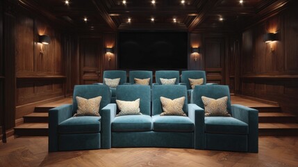Luxurious home theater with a high ceiling and wooden paneling. the walls are made of dark wood and there are two large windows on either side of the room.