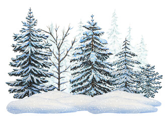 Fototapeta premium A hand drawn scene of a snowy forest with snow covered fir trees. Watercolor illustration.